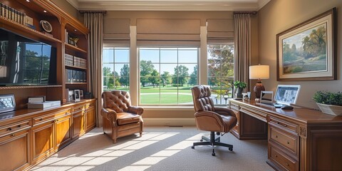 Wall Mural - A well-designed home office with elegant wooden furniture, a large window with a scenic green view, and modern technology creating a perfect working environment