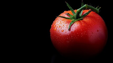 Poster -  A tomato's detailed view with water droplets atop and a green stem extending from its peak