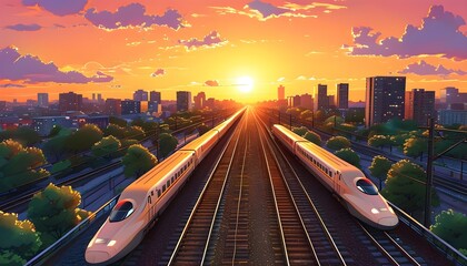 Wall Mural - Vibrant Cartoon Cityscape Featuring Two Trains on Parallel Tracks at Sunset