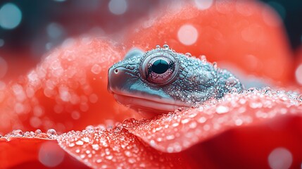  A tight shot of a frog, its face speckled with water droplets, against a backdrop of a vibrant red flower