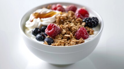 Wall Mural - A bowl of almond milk yogurt topped with granola, berries, and a drizzle of honey