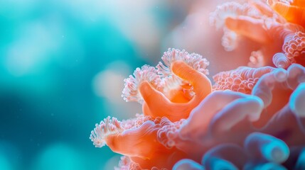 Wall Mural -  A tight shot of an orange-white sea anemone against a backdrop of clear blue water, with a softly blurred, azure sky above