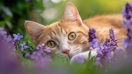  A tight shot of a feline resting amidst a floral field, purple blooms in the foreground, backdrop softly blurred