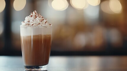 Wall Mural -  A tight shot of a drink on a table against a softly blurred backdrop of twinkling lights