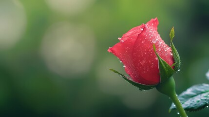 Poster -  A solitary red rose with water droplets on its petals, against a backdrop of soft, green bokeh