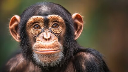 Wall Mural -  A tight shot of a monkey's face, background softly blurred with trees in the distance