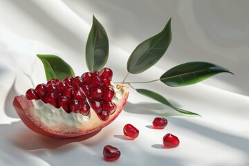 Wall Mural - Close up of a young pomegranate piece with seeds leaf on white background