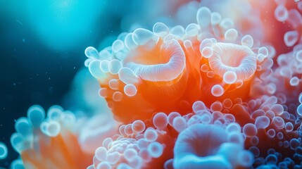  A tight shot of an orange-white sea anemone against a blue-white background anemone