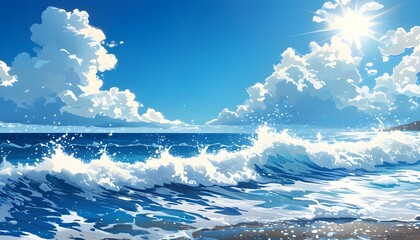 Cheerful Cartoon Beach Scene with Bright Blue Sky and Playful Foamy Waves