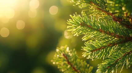 Wall Mural -  A tight shot of a pine branch, sun rays filtering through it, background softly blurred