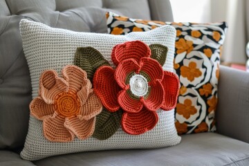 Crochet pillow with floral design along with two more pillows on the sofa