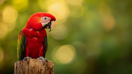 Wall Mural -  A red-and-green parrot perches on a wooden post against a backdrop of a blurred green and yellow scene