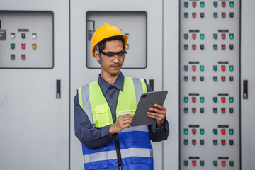 Electrical engineer man using tablet checks switchboard main Distribution Boards control panel electric factory building. Male Industrial technician worker working power distribution room.