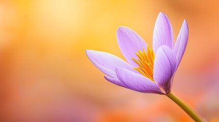  A tight shot of a purple flower with a yellow stamen at its core