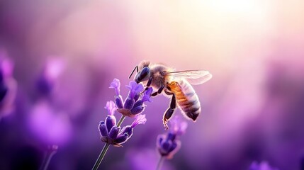 Wall Mural -  A bee atop a purple flower Another bee, purple and yellow, sits nearby on the same type of flower