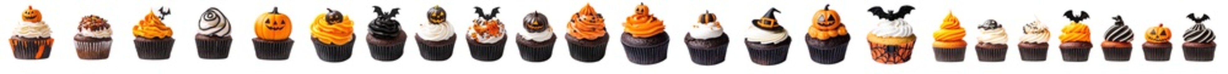 Poster - Halloween cupcake muffin with icing frosting toppings of ghosts, Jack O Lanterns, bats, cats, skulls. Mockup template for artwork design.