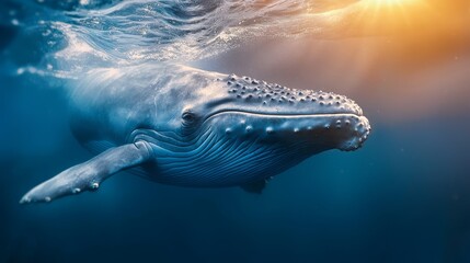 Poster -  A humpback whale swims beneath the surface with the sun shining behind it