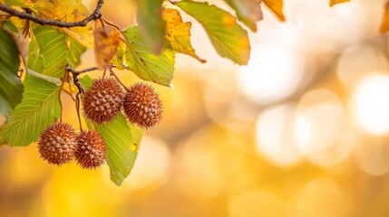 Wall Mural -  A tight shot of tree leaves on a branch, surrounded by a hazy backdrop of foliage