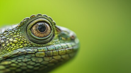  A lizard's eye in focus against a green backdrop Blurred lizard head nearby