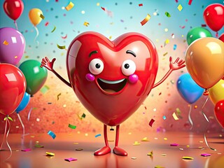 A bright red cartoon heart with a smiling face and outstretched arms, surrounded by confetti and balloons, radiates joy and festive celebration atmosphere.