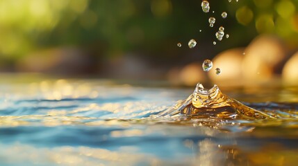 Wall Mural -  A tight shot of a water droplet glistening on a serene body of water's surface In the backdrop, trees stand tall