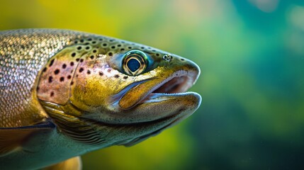 Wall Mural -  A close-up of a fish with its mouth agape against a green backdrop