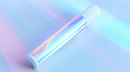 Poster - A futuristic white metallic tube with a holographic label