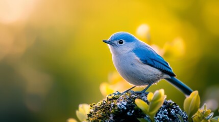 Wall Mural -  A blue and white bird sits atop a tree branch, adorned with leaves and moss-covered limbs