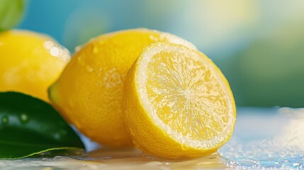 Sticker -  Two lemons seated side by side on a pristine white countertop, adjacent to a verdant green leaf