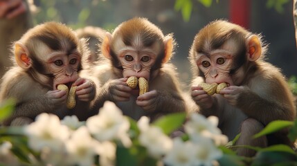 Three cute baby monkeys eating peanuts together in a garden setting.