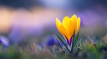 Canvas Print -  A tight shot of a sunny yellow bloom amidst a hazy backdrop of grasses - purples and yellows intermingled in soft focus