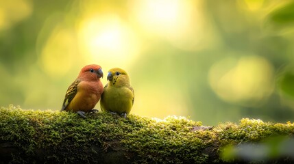 Sticker -  Two birds atop a moss-laden tree branch against a backdrop of green and yellow