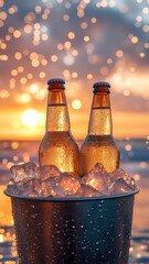 A picturesque scene featuring two chilled beer bottles in a bucket of ice, with golden bokeh lights and a stunning sunset in the background