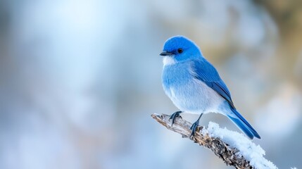 Wall Mural -  A tiny blue bird sits atop a snow-covered tree branch against a backdrop of azure sky