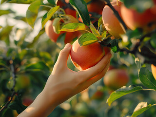 Wall Mural -  a hand reaching out to pick a ripe apple from a tree