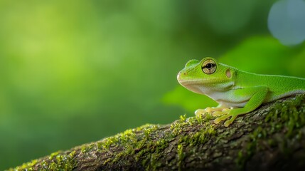 Wall Mural -  A tight shot of a frog perched on a tree branch against a softly blurred backdrop of green foliage