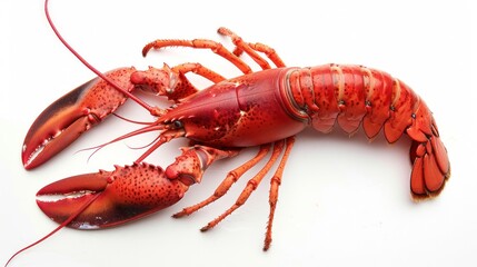 A high-resolution shot of a whole raw lobster, its vibrant red exoskeleton contrasting sharply with the pure white backdrop.