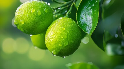 Poster -  A cluster of limes dangling from a tree, adorned with water droplets, against a backdrop of vibrant green leaves