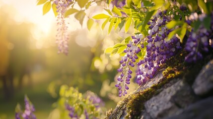 Poster -  Purple flowers bloom against a stone wall, backdropped by sunlight filtering through trees