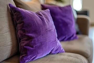 Two purple cushions on the couch