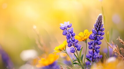 Poster -  A tight shot of a flower cluster in a meadow, featuring yellow and purple blooms up front, while the backdrop softens into a blur of blue and yellow blossoms