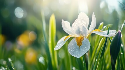 Sticker -  A white bloom with a yellow core in a sea of green grass Dewdrops adorn its petals