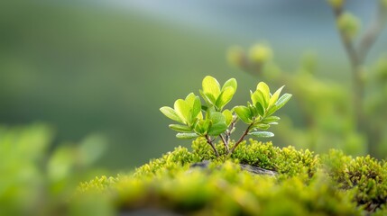 Wall Mural -  A tight shot of a tiny plant against a mossy foreground, trees' background softly blurred