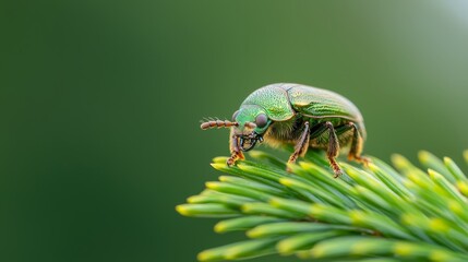 Wall Mural -  A sharp image of a green insect on a green leaf, surrounded by a softly blurred plant background