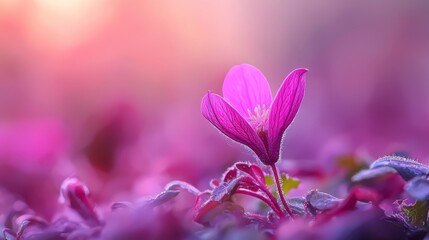 Poster -  A tight shot of a pink blossom amidst a sea of purple flowers, surrounded by a soft, blurred backdrop of pink and yellow hues