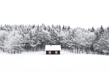 Poster - A snow forest border with a cabin in the wood scenery nature trees.