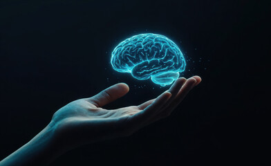 Aufkleber - Hand holding digital hologram of human brain on dark background