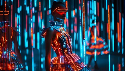 Futuristic fashion model showcasing illuminated LED dress in a vibrant artistic environment