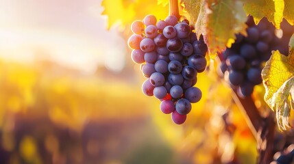 Wall Mural -  A vine laden with clusters of grapes, sun filtering through its leafy canopy in a vineyard