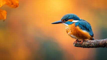 Sticker -  A blue and orange bird perches on a tree branch, surrounded by yellow-leafed branches behind it